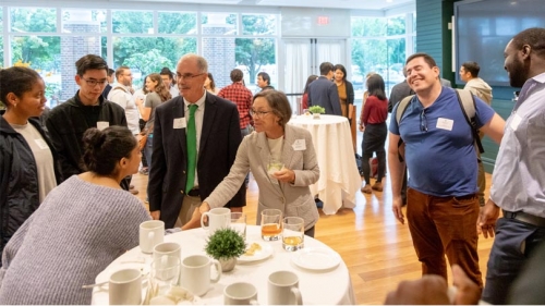 President Phil Hanlon '78 and Gail Gentes met new students and postdocs joining the Guarini School of Graduate and Advanced Studies this Fall