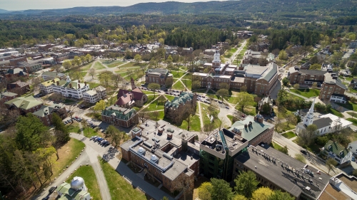 Aerial view of campus in spring