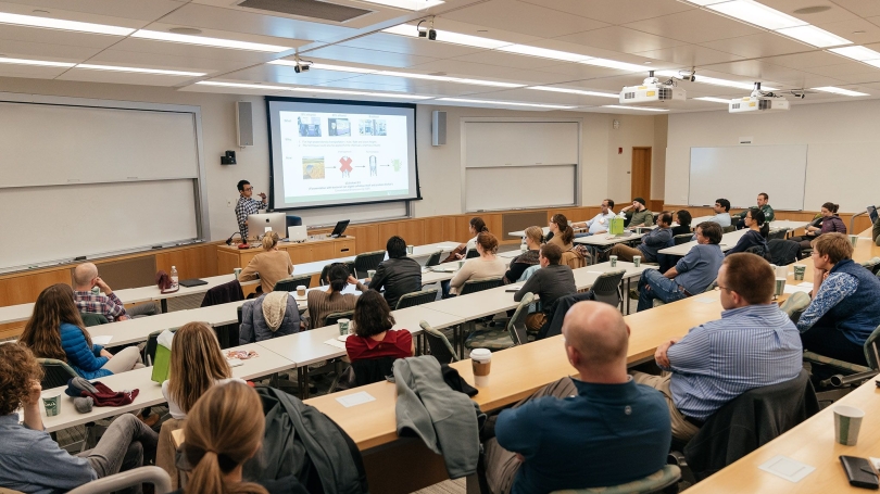a man presenting his research on a digital screen in front of a classroom of postdoc scholars.