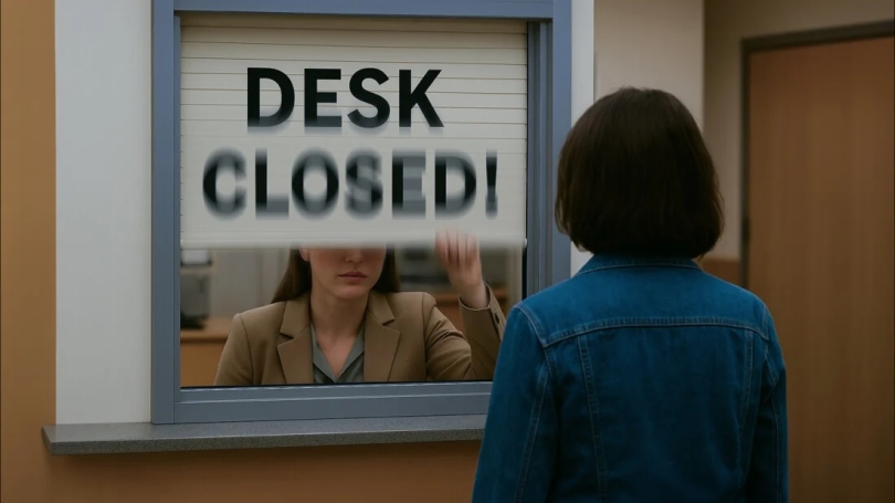 a stock image of a window with the blinds drawn with text on top reading "desk closed!"