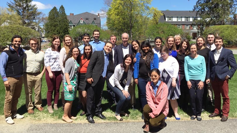 graduate student leaders posed for a group photo with president phil hanlon and gail gentes 