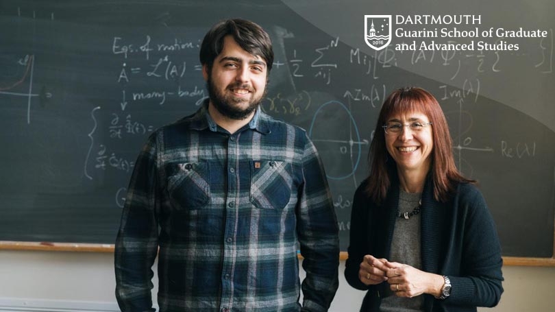 From left, Vincent Flynn, Guarini '22, of the Viola Research Group, and Lorenza Viola, the James Frank Family Professor of Physics. (Photo by Eli Burakian '00)